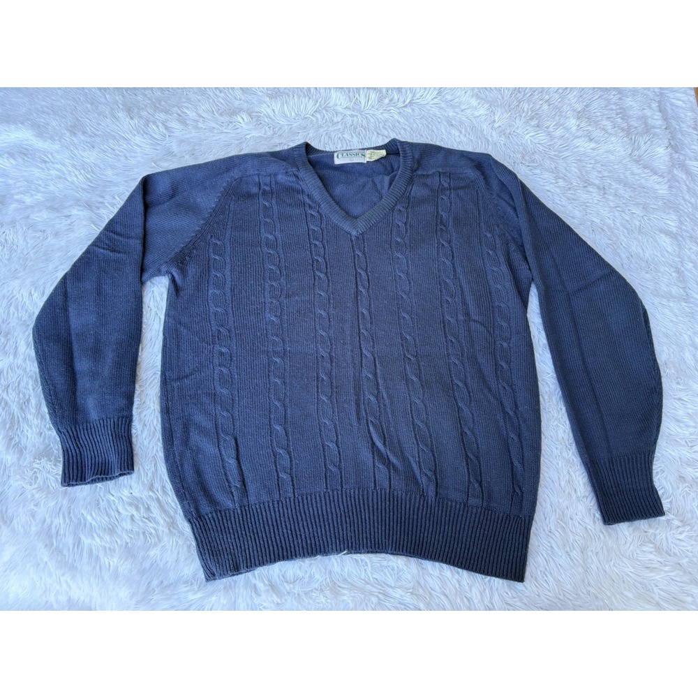 Mens Vintage Blue Cable Knit Sweater V-Neck Acrylic Large Preppy